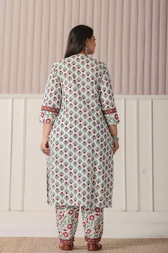 white and green cotton,sequins work plus size straight kurta pant dupatta set