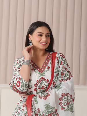 white and green cotton,sequins work plus size straight kurta pant dupatta set 5