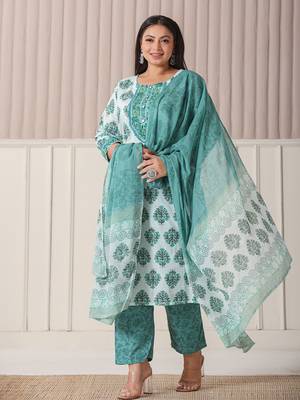 sea green and white cotton cutdana work plus size kurta set with pant & dupatta 1