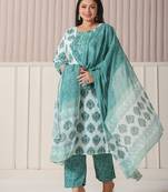 sea green and white cotton cutdana work plus size kurta set with pant & dupatta