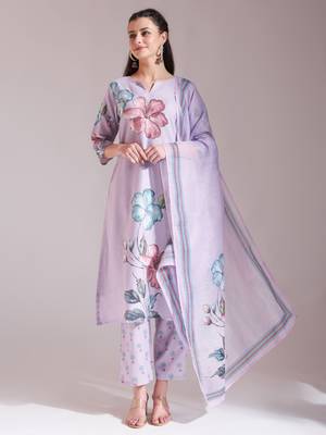  lavender linen cotton floral,sequins work a-line kurta dupatta set 1