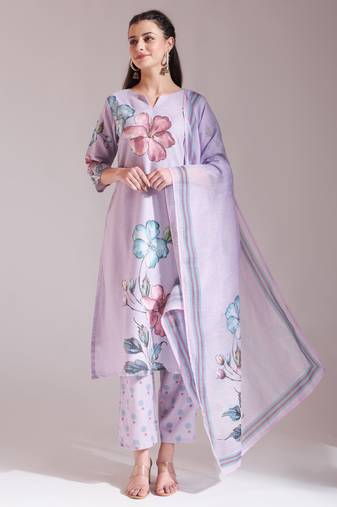  lavender linen cotton floral,sequins work a-line kurta dupatta set