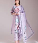  lavender linen cotton floral,sequins work a-line kurta dupatta set