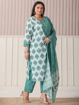sea green and white cotton cutdana work plus size kurta set with pant & dupatta 2