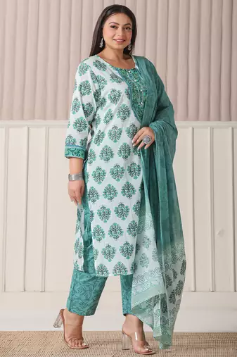sea green and white cotton cutdana work plus size kurta set with pant & dupatta