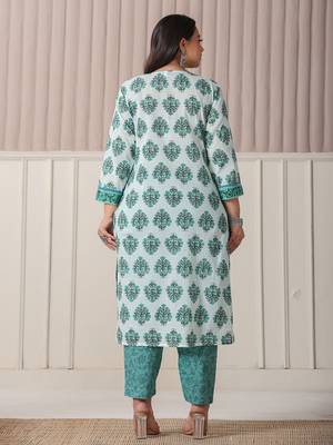 sea green and white cotton cutdana work plus size kurta set with pant & dupatta 3