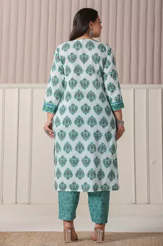sea green and white cotton cutdana work plus size kurta set with pant & dupatta