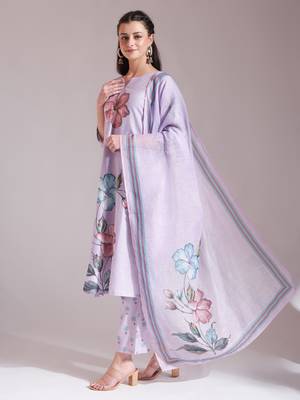  lavender linen cotton floral,sequins work a-line kurta dupatta set 2