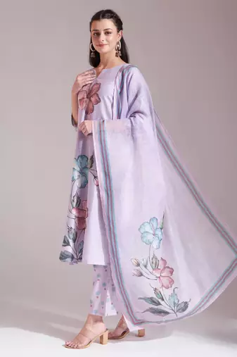  lavender linen cotton floral,sequins work a-line kurta dupatta set