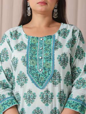 sea green and white cotton cutdana work plus size kurta set with pant & dupatta 4