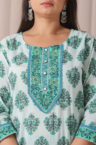 sea green and white cotton cutdana work plus size kurta set with pant & dupatta