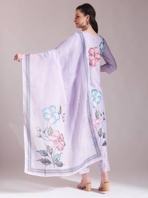  lavender linen cotton floral,sequins work a-line kurta dupatta set 3