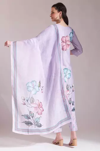  lavender linen cotton floral,sequins work a-line kurta dupatta set
