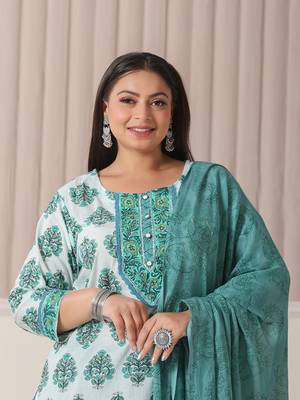 sea green and white cotton cutdana work plus size kurta set with pant & dupatta 5
