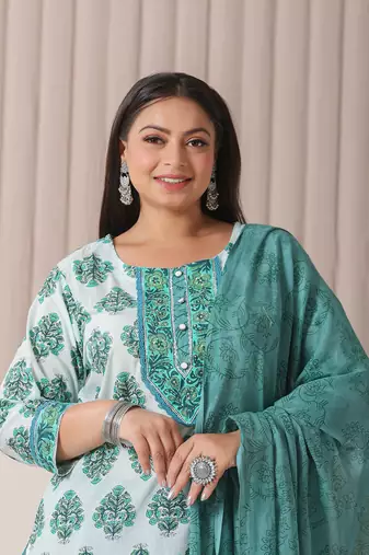 sea green and white cotton cutdana work plus size kurta set with pant & dupatta