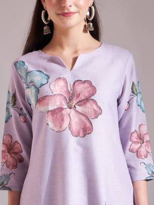  lavender linen cotton floral,sequins work a-line kurta dupatta set 4
