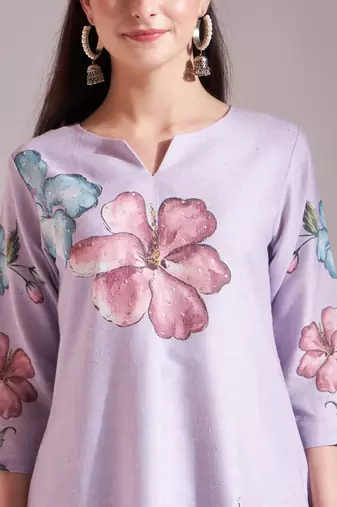  lavender linen cotton floral,sequins work a-line kurta dupatta set