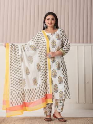 white and yellow floral print cotton sequins work plus size kurta set with pant & dupatta 1
