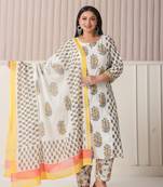 white and yellow floral print cotton sequins work plus size kurta set with pant & dupatta