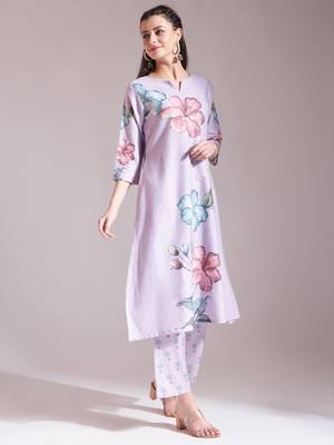  lavender linen cotton floral,sequins work a-line kurta dupatta set 5
