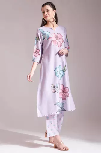  lavender linen cotton floral,sequins work a-line kurta dupatta set