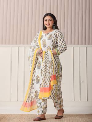 white and yellow floral print cotton sequins work plus size kurta set with pant & dupatta 2