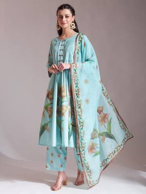  linen cotton sea green anarkali kurta dupatta pant set 2