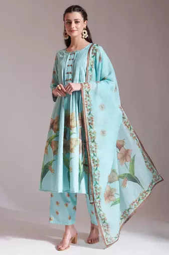  linen cotton sea green anarkali kurta dupatta pant set