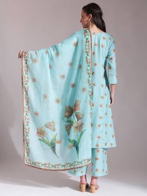  linen cotton sea green anarkali kurta dupatta pant set 3