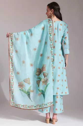  linen cotton sea green anarkali kurta dupatta pant set