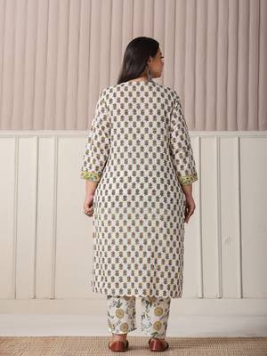 white and yellow floral print cotton sequins work plus size kurta set with pant & dupatta 3