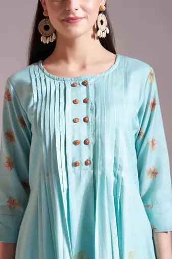  linen cotton sea green anarkali kurta dupatta pant set
