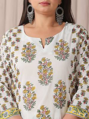 white and yellow floral print cotton sequins work plus size kurta set with pant & dupatta 4