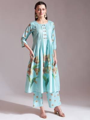  linen cotton sea green anarkali kurta dupatta pant set 5