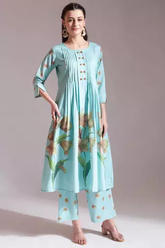  linen cotton sea green anarkali kurta dupatta pant set