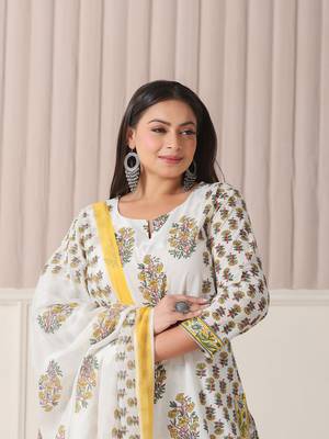 white and yellow floral print cotton sequins work plus size kurta set with pant & dupatta 5