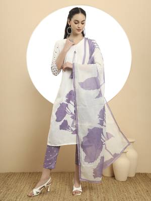  purple and white linen cotton straight kurta dupatta set 1
