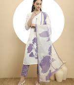  purple and white linen cotton straight kurta dupatta set