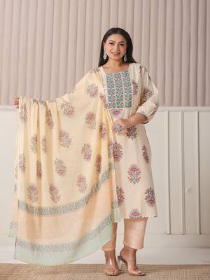 yelloe floral print cotton sequins work plus size kurta set with pant & dupatta 1