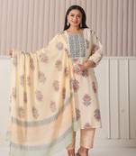 yelloe floral print cotton sequins work plus size kurta set with pant & dupatta