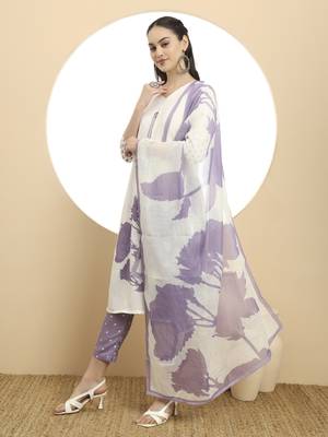  purple and white linen cotton straight kurta dupatta set 2