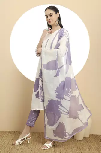  purple and white linen cotton straight kurta dupatta set