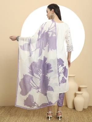  purple and white linen cotton straight kurta dupatta set 3