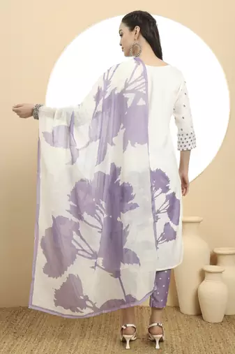  purple and white linen cotton straight kurta dupatta set