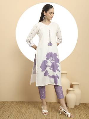  purple and white linen cotton straight kurta dupatta set 5