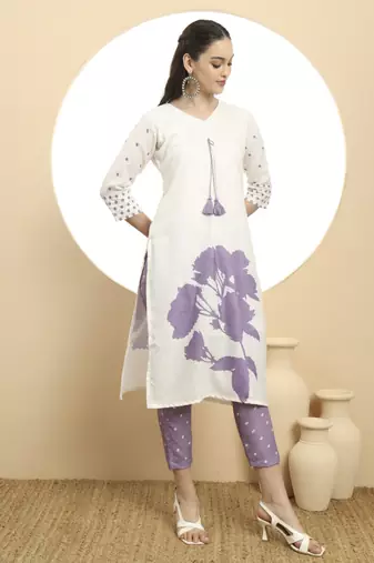  purple and white linen cotton straight kurta dupatta set