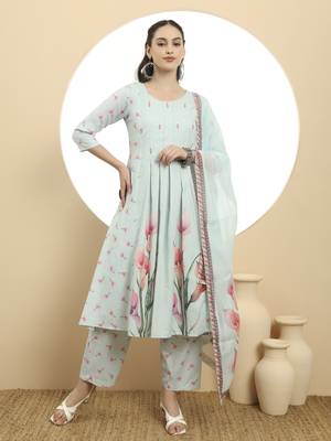  blue linen cotton a-line kurta dupatta set 1