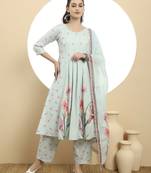  blue linen cotton a-line kurta dupatta set