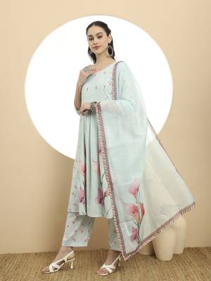  blue linen cotton a-line kurta dupatta set 2