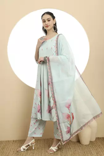  blue linen cotton a-line kurta dupatta set